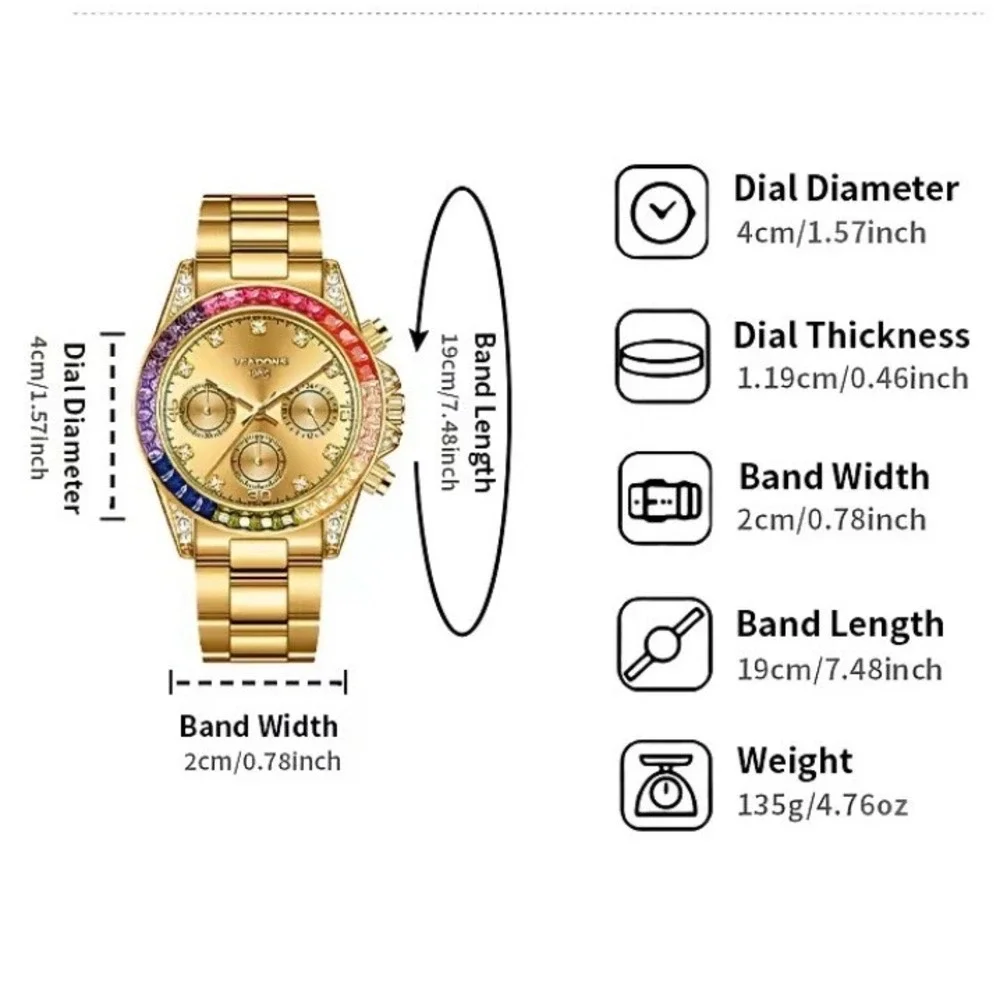 Veadons 1985 Gold Rainbow Crystal Bezel Chronograph Watch Black Dial New